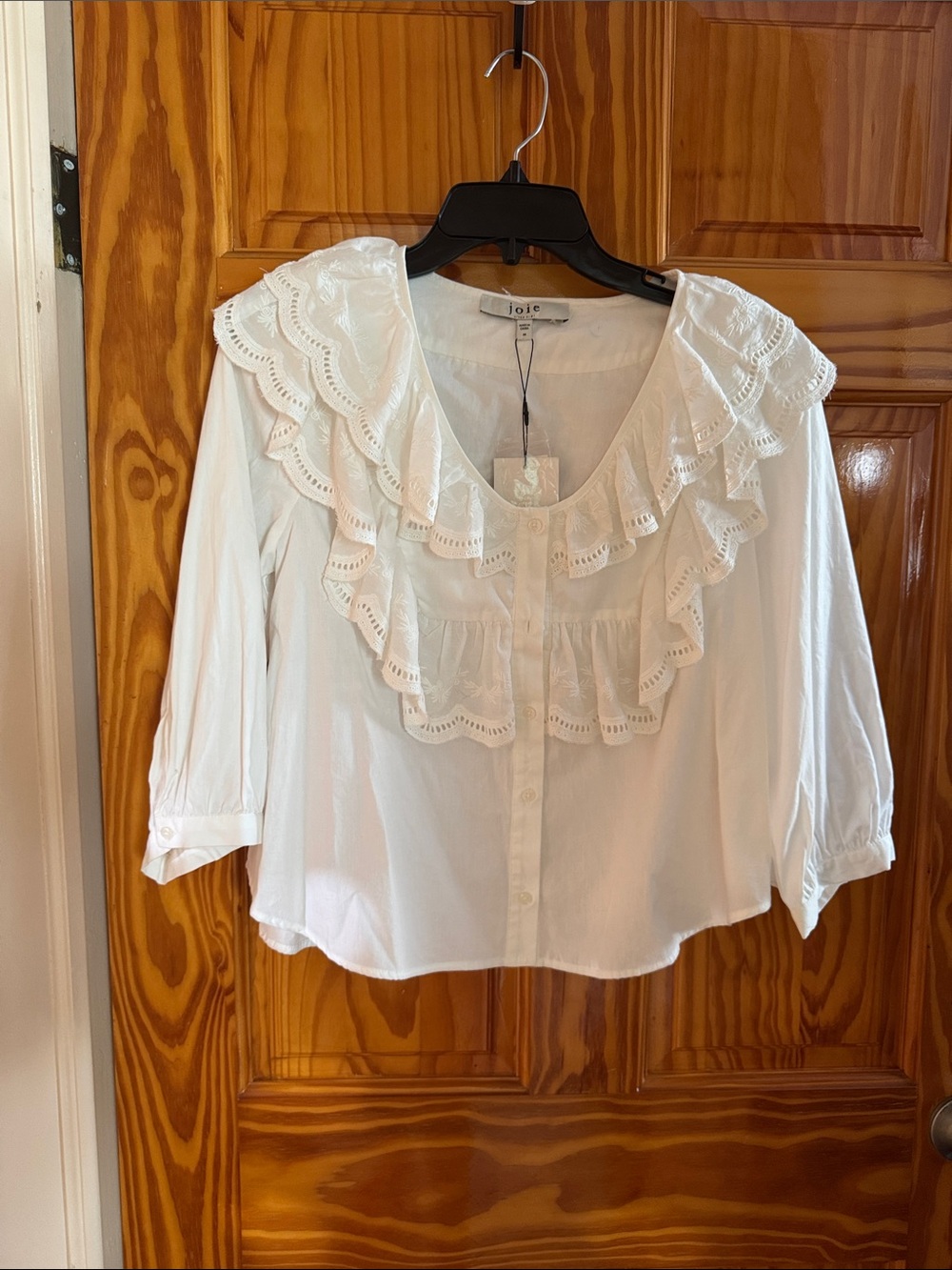 Joie White Ruffled Eyelet Collar Button-Front Blouse